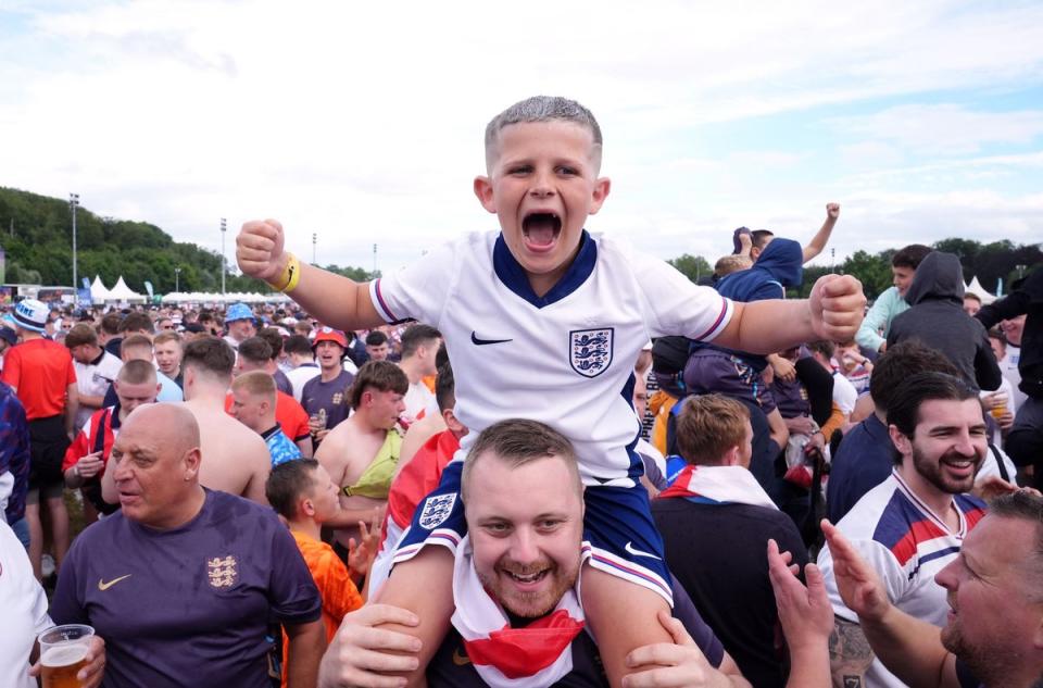 Jubilant Three Lions fans in Gelsenkirchen (Bradley Collyer/PA Wire)