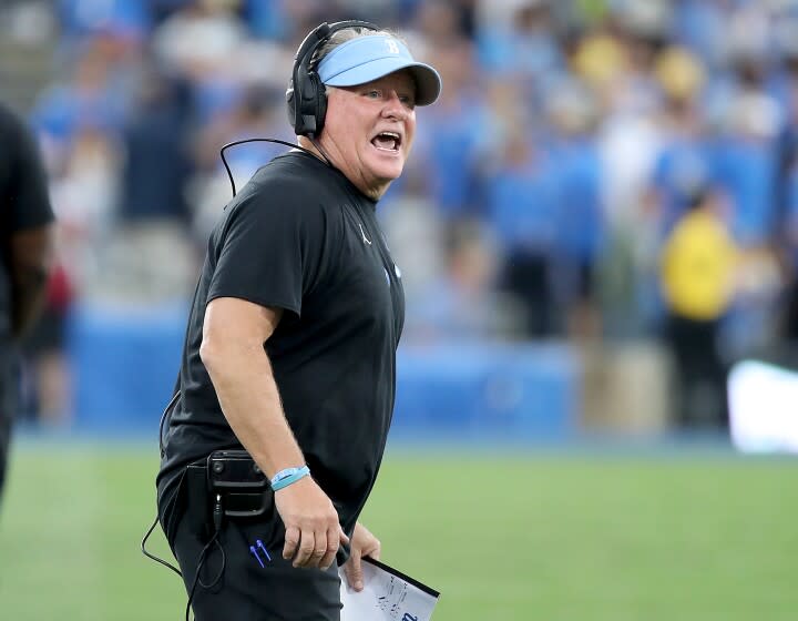 PASADENA, CALIF. - OCT. 23, 2021. UCLA head coach Chip Kelly on the sidelines.