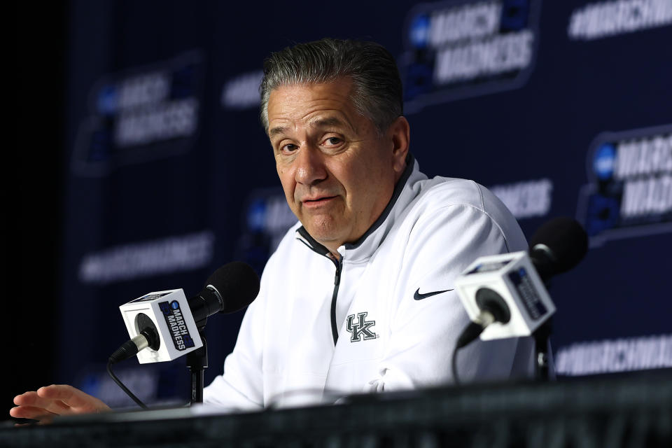 PITTSBURGH, PENNSYLVANIA - MARCH 20: Head coach John Calipari of the Kentucky Wildcats speaks during practice day at PPG PAINTS Arena on March 20, 2024 in Pittsburgh, Pennsylvania. (Photo by Tim Nwachukwu/Getty Images)