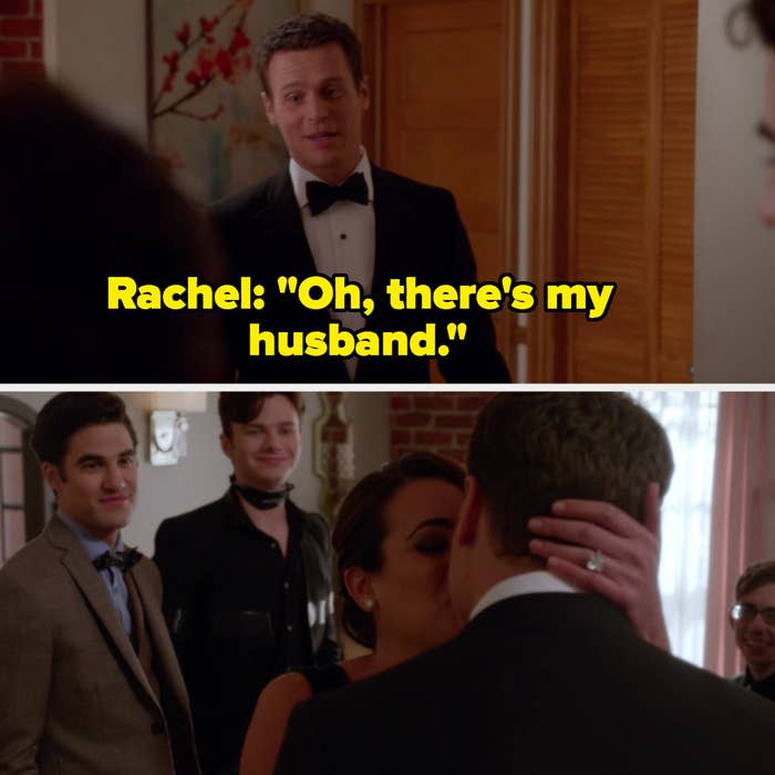 Rachel seeing Jesse and saying "There's my husband"