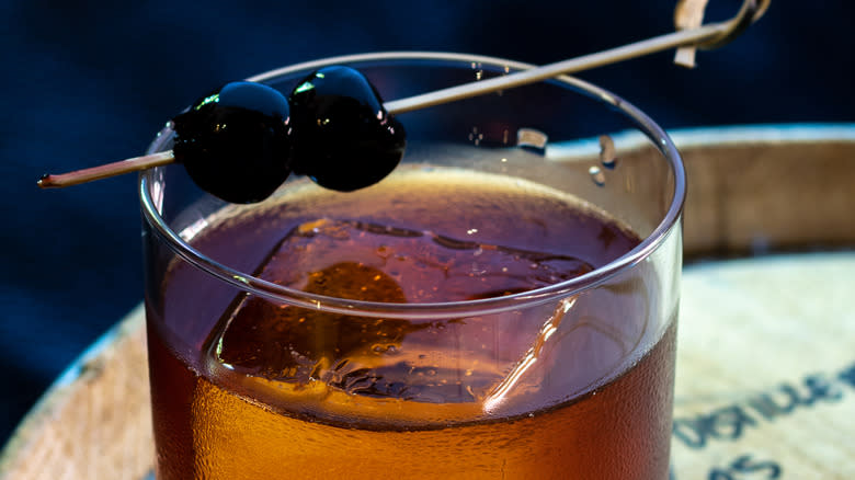 Cocktail garnished with Luxardo maraschino cherries