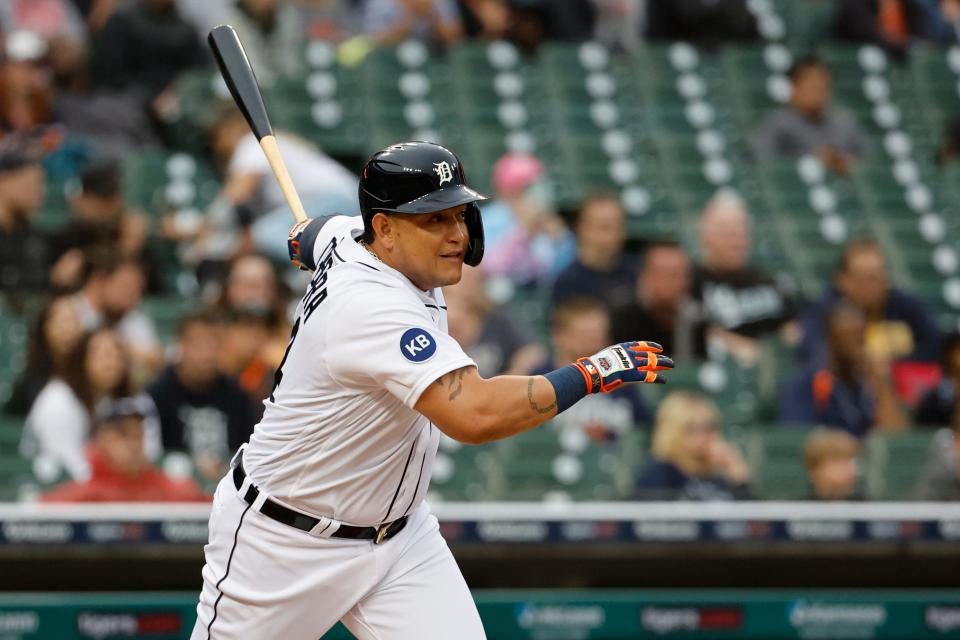 Detroit Tigers designated hitter Miguel Cabrera (24) hits an RBI single in the second inning against the Cleveland Guardians at Comerica Park in Detroit on Thursday, May 26, 2022.