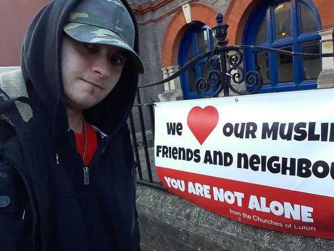 A mocking image of Filip Golon Bednarczyk stood outside a Luton church that was posted on his Facebook page (Facebook)