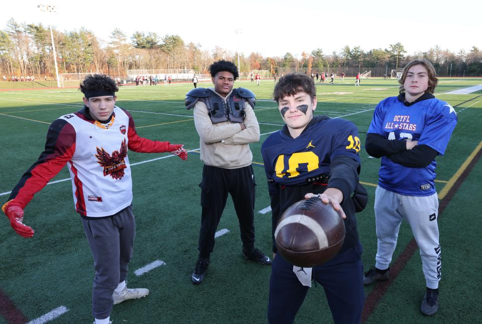 Four players on the Whitman-Hanson Regional High School football team are Type I diabetics from left, senior Brendan White, sophomore DeVaughn Marshall, seniors Cam Burrows, and Connor Sottak on Tuesday, Nov. 22, 2022.   