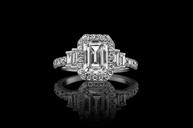 <p>Courtesy of Zales</p> Vera Wang and Zales LOVE Collection Emerald cut ring