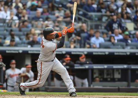 FILE PHOTO: Sep 23, 2018; Bronx, NY, USA; Baltimore Orioles designated hitter Tim Beckham (1) hits a two run home run in the sixth inning against the New York Yankees at Yankee Stadium. Mandatory Credit: Wendell Cruz-USA TODAY Sports - 11305581