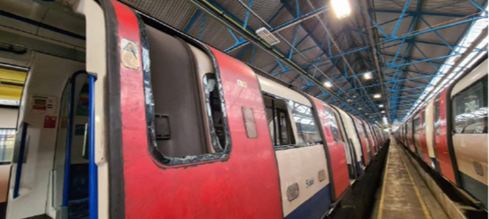 The smashed windows on the Northern line train (TfL)