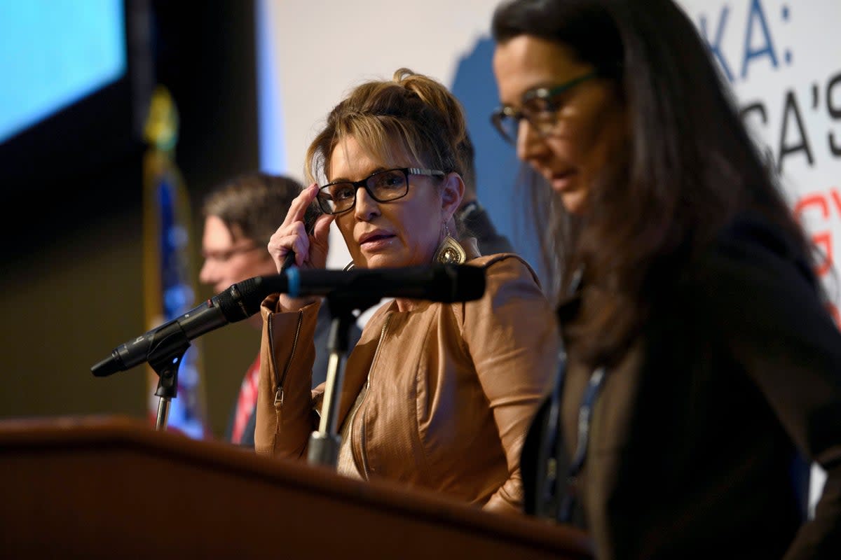 Palin and Peltola onstage  (Anchorage Daily News)