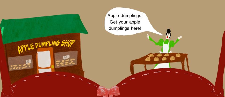 A dumpling shop and a woman selling dumpling in a bra.