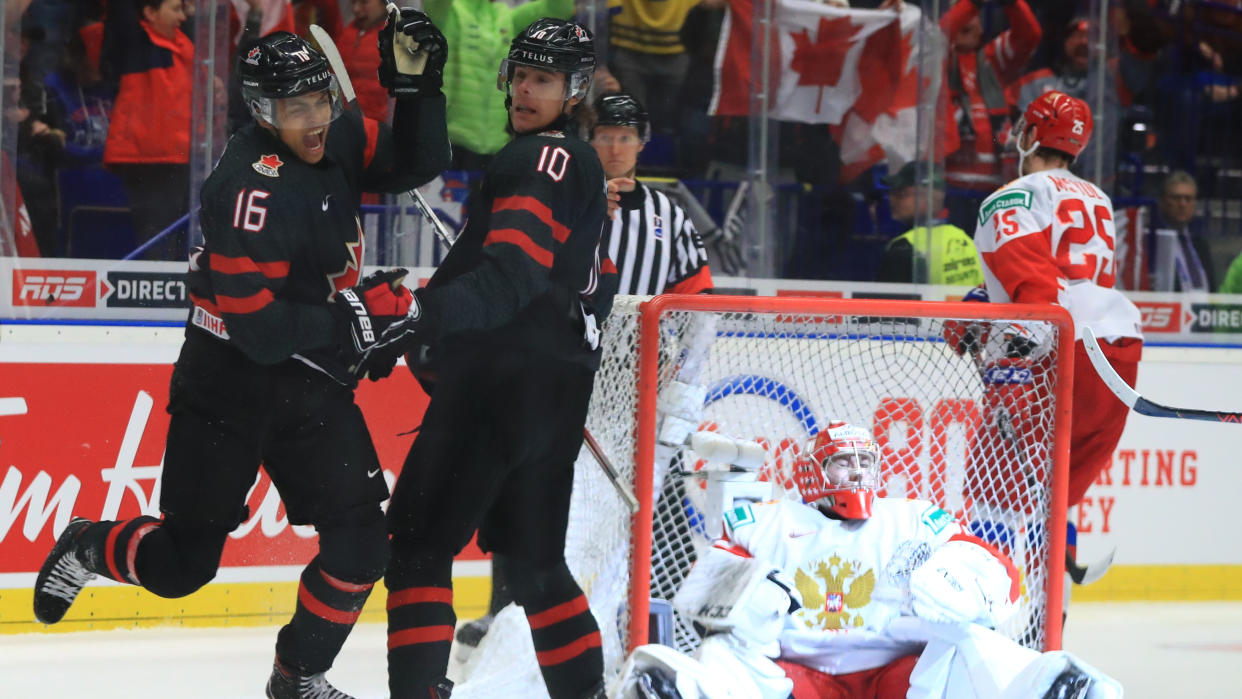 Akil Thomas emerged as a national hero, scoring the winning goal for Canada during its comeback victory over Russia in the gold medal game at the 2020 World Juniors. (Peter Kovalev\TASS via Getty Images)