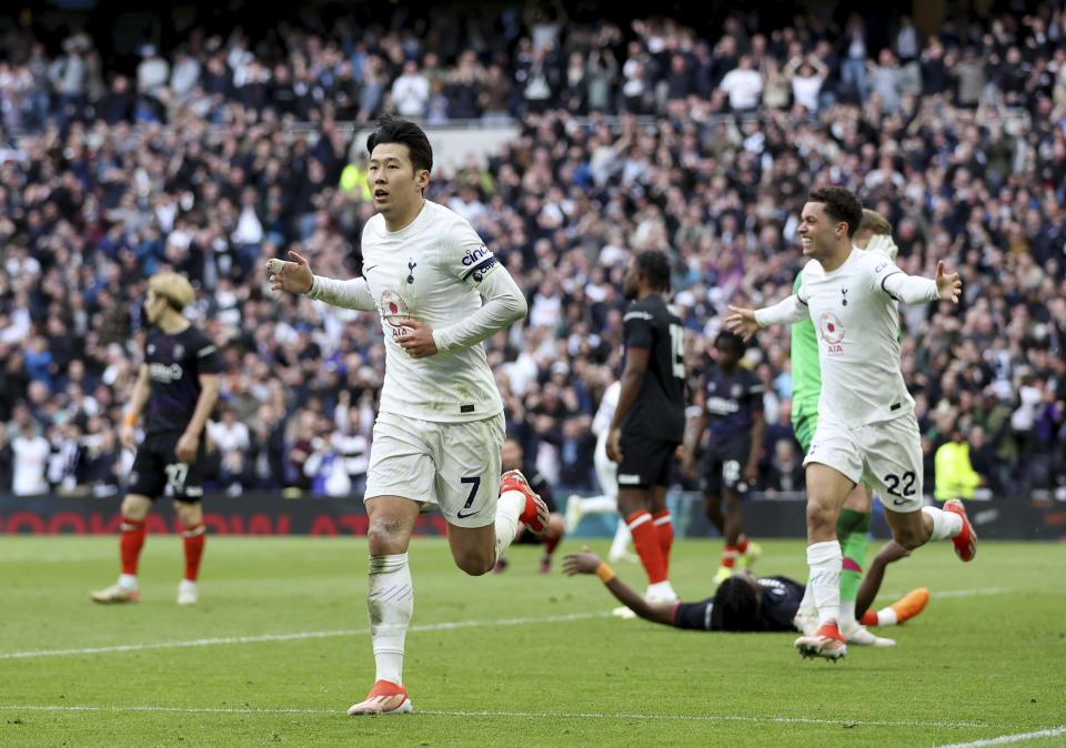 Tottenham Hotspur's Son Heung-Min celebrates after scoring his sides second goal during the English Premier League soccer match between Tottenham Hotspur and Luton Town at the Tottenham Hotspur Stadium, London, Saturday, March 30, 2024. (Steven Paston/PA via AP)