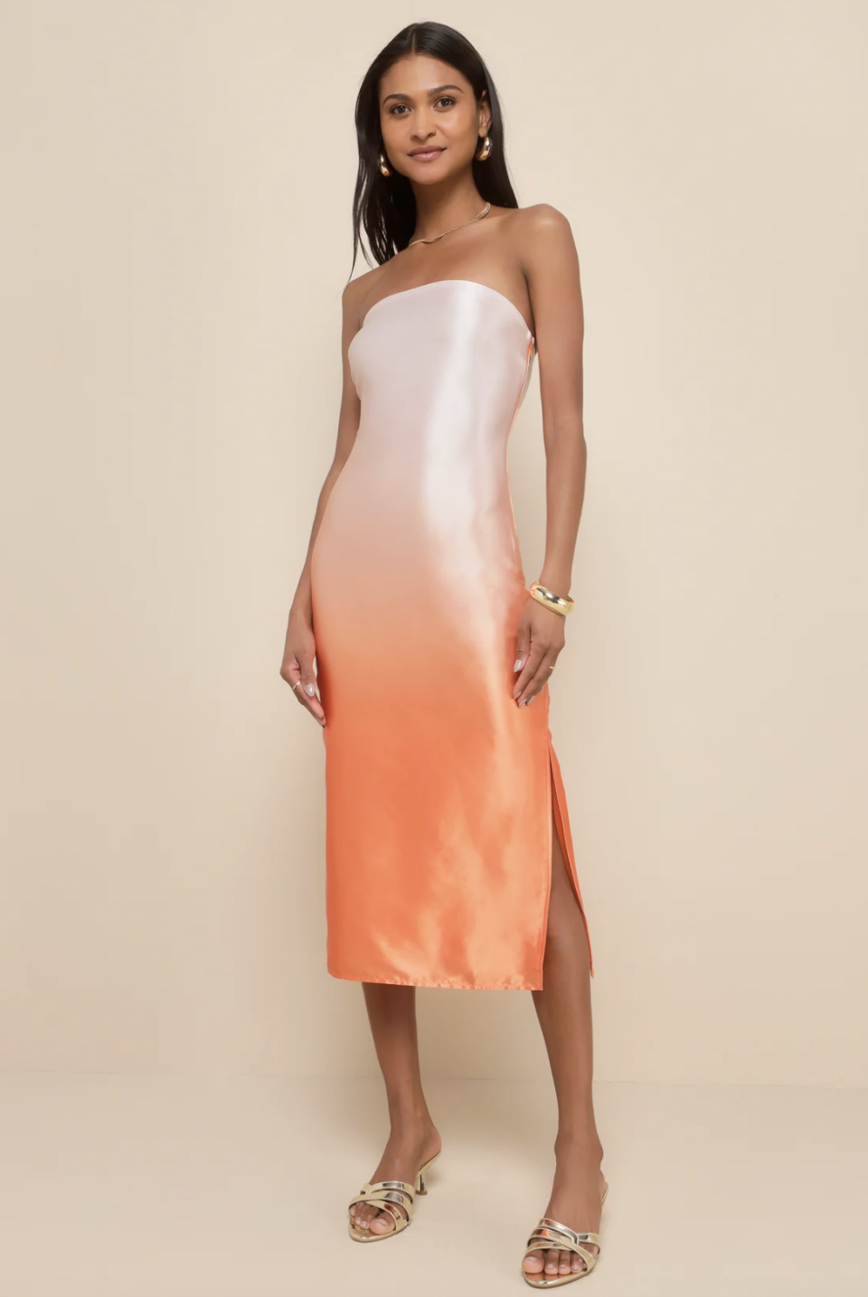 Indescribable Poise Satin Strapless Midi Dress (Photo via Lulus)
