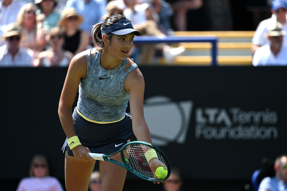 Emma Raducanu serves against Sloane Stephens at the Rothesay International Eastbourne (Kate Green/Getty Images for LTA)