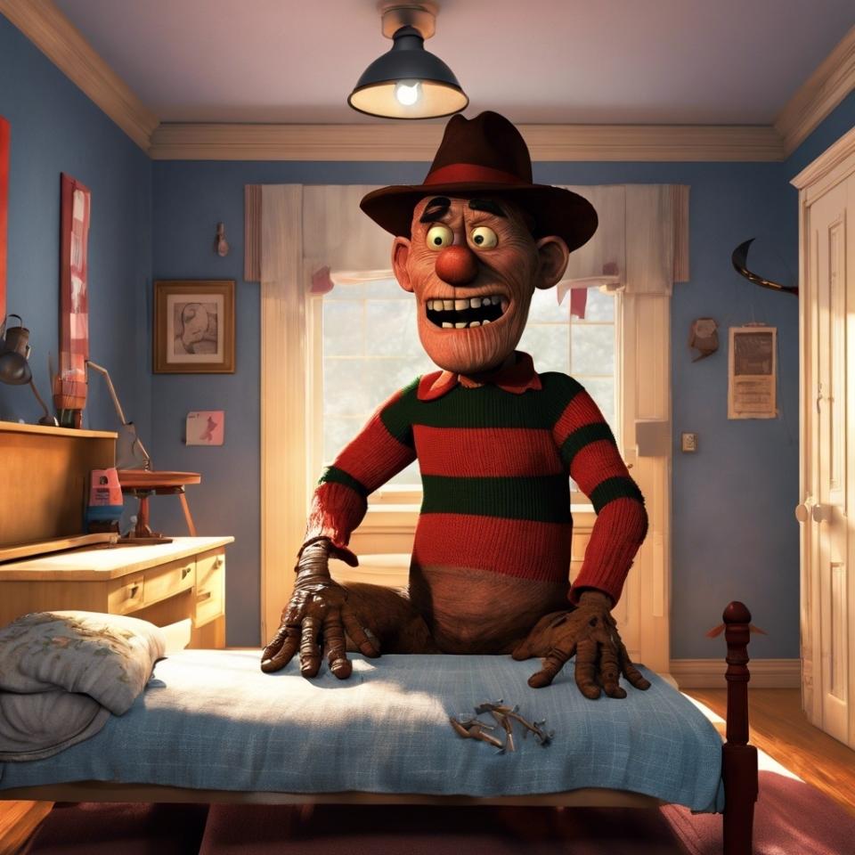 Animated character Freddy Krueger from "A Nightmare on Elm Street" depicted in cartoon style, sitting on a bed