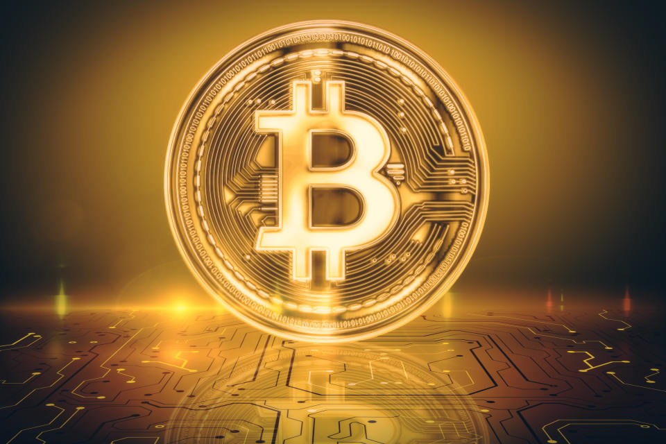 Creative glowing golden shiny bitcoin background. Cryptocurrency and e-commerce concept. 3D Rendering