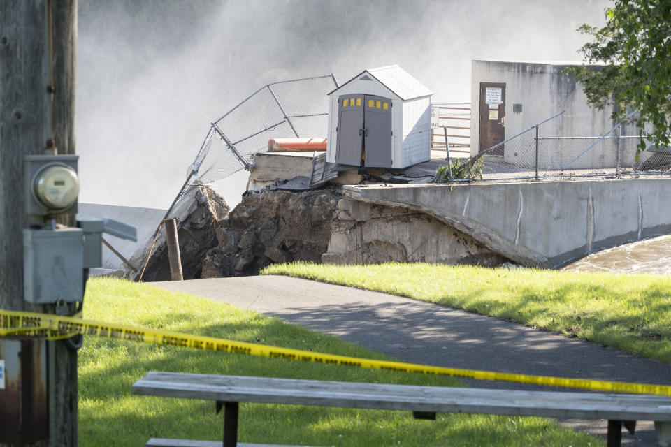 The Rapidan Dam in Rapidan, Minn., wears the damage after a partial collapse of the west bank, Tuesday, June 25, 2024. (Casey Ek/The Free Press via AP)