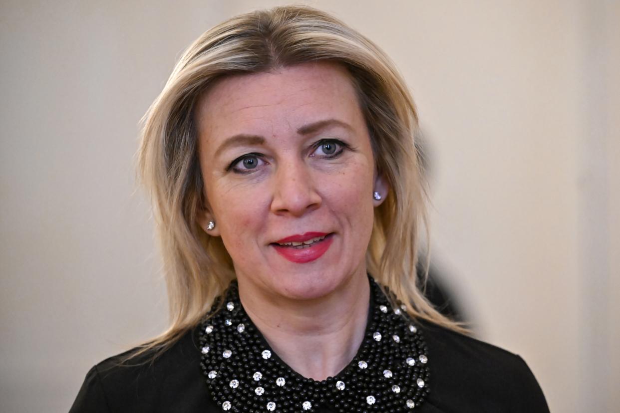 Russian Foreign Ministry spokeswoman Maria Zakharova smiles as she arrives to attend the talks between Russian Foreign Minister Sergey Lavrov and the Chinese Communist Party's foreign policy chief Wang Yi in Moscow, Russia, Wednesday, Feb. 22, 2023. (Alexander Nemenov/Pool Photo via AP)