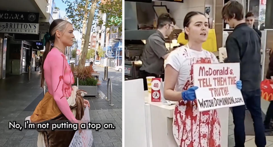 Tash Peterson protesting on the street with body paint on her chest (left) and with a blood-splattered outfit in McDonalds (right)