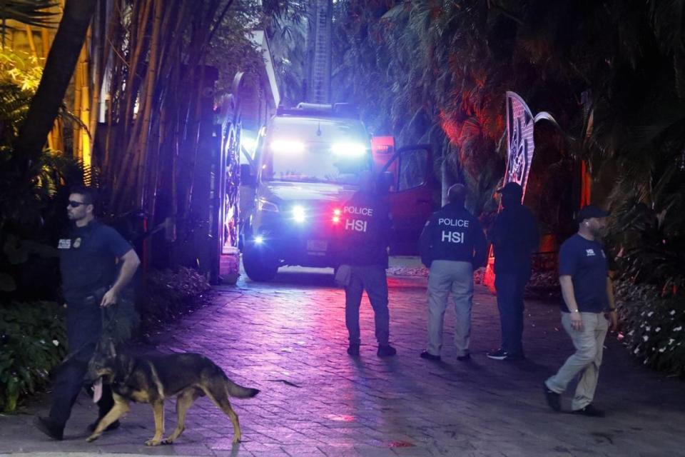 Federal agents outside the two Star Island mansions of Sean ‘Diddy’ Combs on Monday, March 25, 2024, in Miami Beach, Florida. Federal agents raided his two Miami Beach mansions, along with raiding his home in Los Angeles. The raids follow a suit by his ex producer alleging Diddy was engaged in a ‘widespread and dangerous criminal sex trafficking organization Alexia Fodere/for The Miami Herald