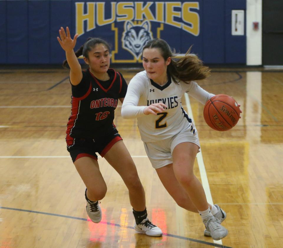 Highland's Grace Koehler drives toward the basket against Onteora during a Section 9 Class B girls basketball semifinal on Feb. 27, 2024.