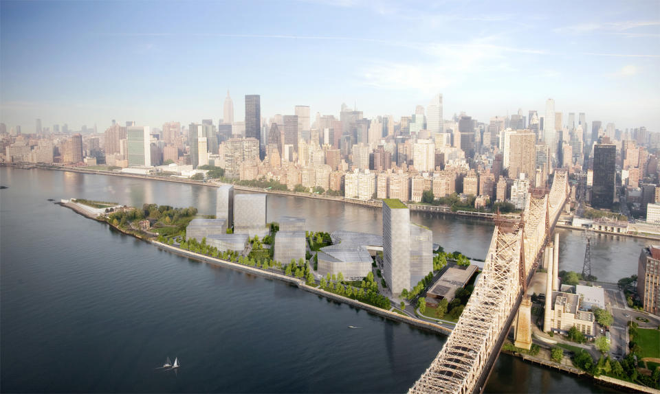 In this rendering provided by Kilograph, an aerial view of the proposed Cornell NYC Tech campus on Roosevelt Island in New York is seen. Newly released plans show there will be company offices along with classrooms at a high-tech New York City graduate school that's meant to link research and the real world. And students walking to their apartments might encounter executives heading to a conference. (AP Photo/Kilo Copy)
