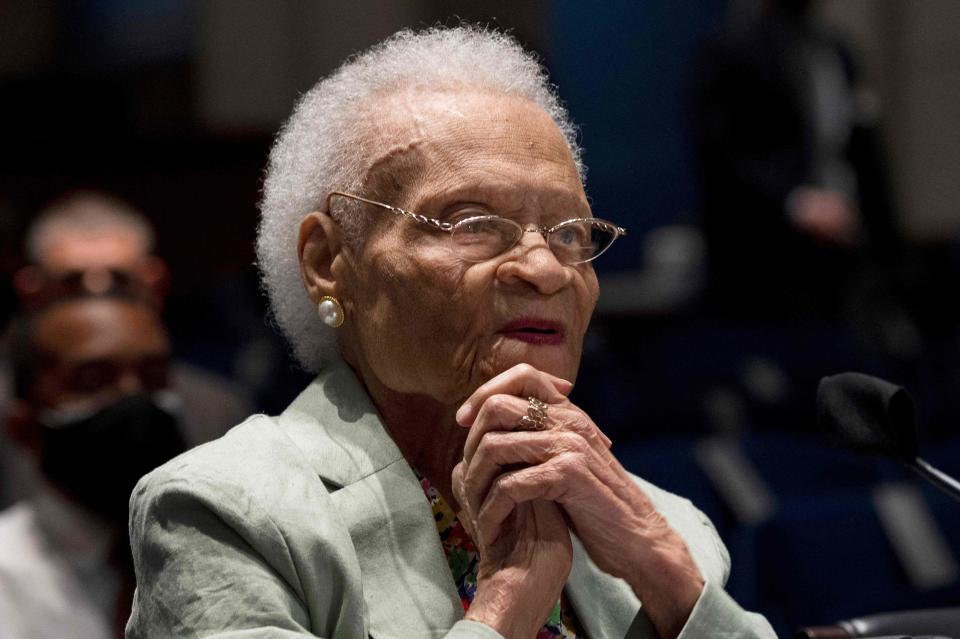 Viola Fletcher, the oldest living survivor of the Tulsa Race Massacre, testifies before the Civil Rights and Civil Liberties Subcommittee hearing on Capitol Hill in Washington, D.C., on May 19, 2021.