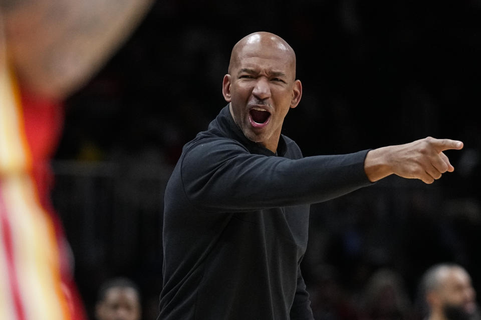 Detroit Pistons head coach Monty Williams reacts during the second half of an NBA basketball game against the Atlanta HawksMonday, Dec. 18, 2023, in Atlanta. (AP Photo/John Bazemore)y