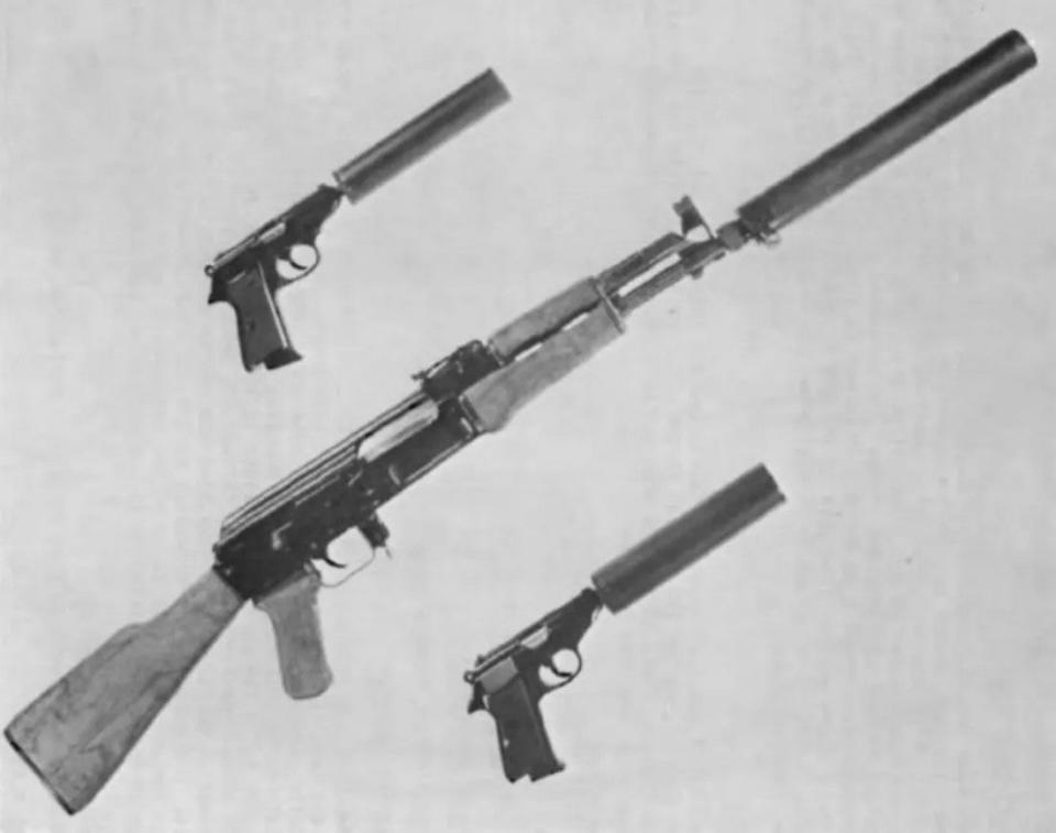 A 7.62x39mm AK-series rifle (along with a pair of Walter PP-series pitols) with sound suppressors the US Army developed in response to requirements from US special operators in Vietnam in 1970. <em>US Army</em>