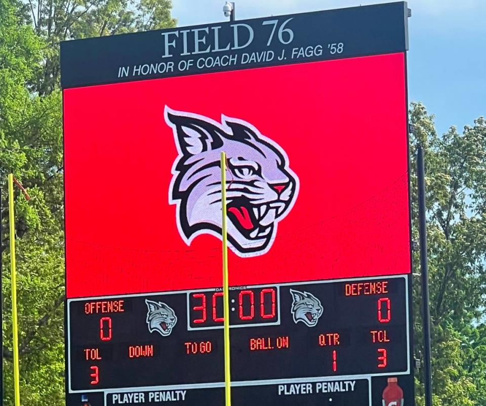 The scoreboard at “Field 76.,” The field, which is the centerpiece of Davidson College’s stadium, is named in honor of beloved former Davidson football coach David Fagg.