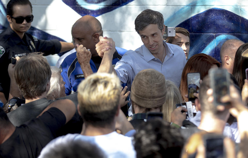 Beto O'Rourke, D-El Paso, greets supporters following a rally at the Pan American Neighborhood Park in Austin, Texas, on Sunday, Nov. 4, 2018. (Nick Wagner/Austin American-Statesman via AP)