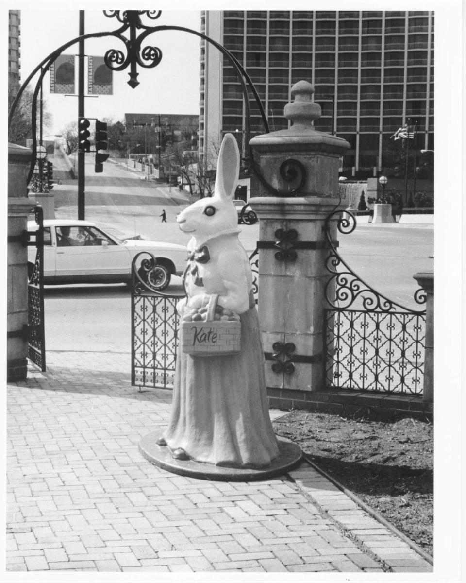 Easter Bunny “Kate”, located in the courtyard on northeast corner of Ward Parkway and Broadway, in 1989.