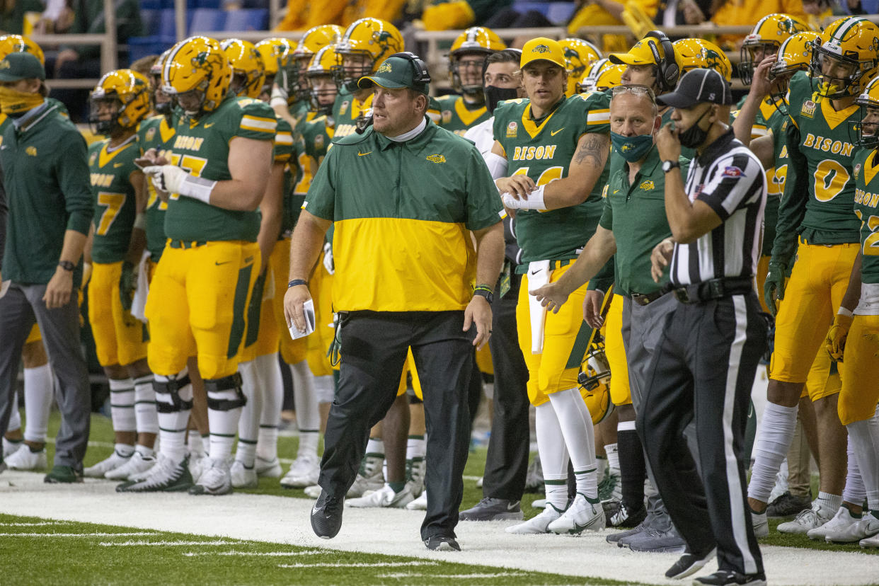 North Dakota State head coach Matt Entz watches his team play against Central Arkansas at an NCAA college football game Saturday, Oct. 3, 2020, in Fargo, N.D. North Dakota State won 39-28. (AP Photo/Bruce Kluckhohn)