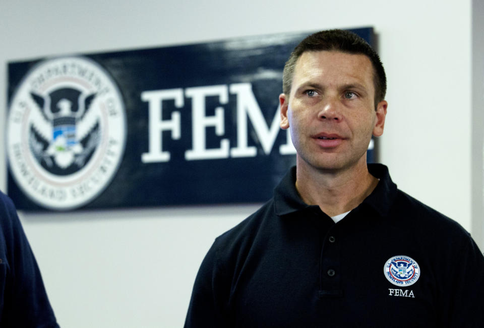 Acting Homeland Security Secretary Kevin McAleenan speaks during a briefing about a storm system, in a visit to the National Response Coordination Center at FEMA headquarters in Washington, Sunday, July 14, 2019. (AP Photo/Jose Luis Magana)