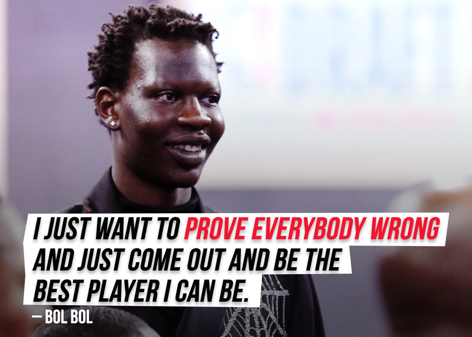 Going from a top-10 draft prospect to being picked No. 44, Bol Bol didn't let the late call <a href="https://sports.yahoo.com/nba-draft-denver-nuggets-draft-bol-bol-oregon-minute-bol-035430536.html" data-ylk="slk:deter his NBA aspirations;elm:context_link;itc:0;sec:content-canvas;outcm:mb_qualified_link;_E:mb_qualified_link;ct:story;" class="link  yahoo-link">deter his NBA aspirations</a>.