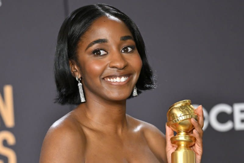 Ayo Edebiri appears backstage after winning the award for Best Performance by a Female Actor in a Television Series–Musical or Comedy award for "The Bear" during theGolden Globe Awards at the Beverly Hilton in Beverly Hills, Calif., on January 7. File Photo by Chris Chew/UPI