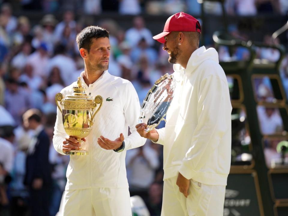 Novak Djokovic shares a laugh with Nick Kyrgios after their Centre Court battle where the winner declared their friendship officially a ‘bromance’ after the final (Zac Goodwin/PA) (PA Wire)