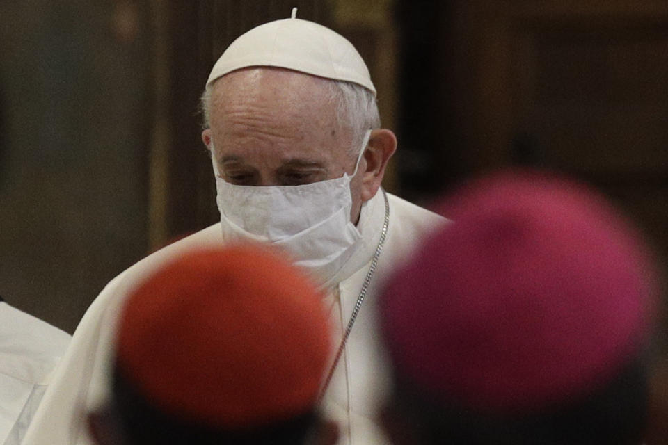 Pope Francis attends a inter-religious ceremony for peace in the Basilica of Santa Maria in Aracoeli, in Rome Tuesday, Oct. 20, 2020 (AP Photo/Gregorio Borgia)