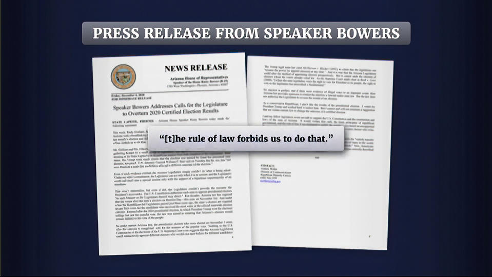 FILE - In this image from video released by the House Select Committee, a news release is displayed at a hearing by the House select committee investigating the Jan. 6 attack on the U.S. Capitol, June 21, 2022, on Capitol Hill in Washington. The Jan. 6 congressional hearings have paused, at least for now, and Washington is taking stock of what was learned about the actions of Donald Trump and associates surrounding the Capitol attack. (House Select Committee via AP, File)