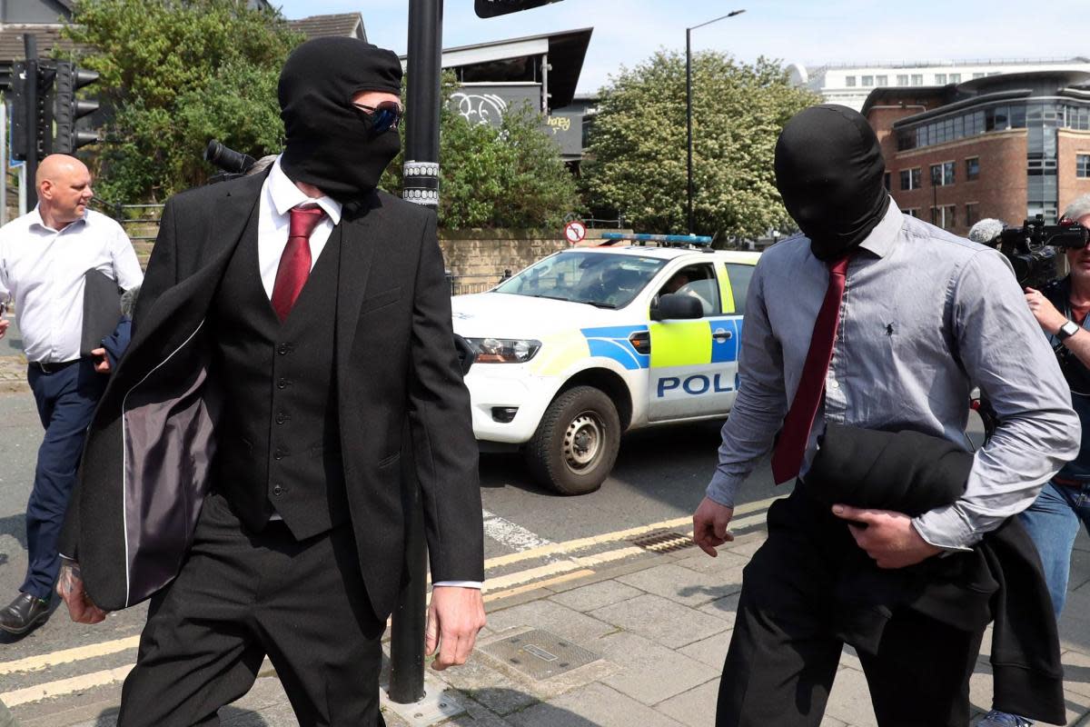 Daniel Graham (L) and Adam Carruthers (R) leaving court after a hearing last month. Carruthers has today denied felling the tree and a trial date has been set. <i>(Image: NNP)</i>