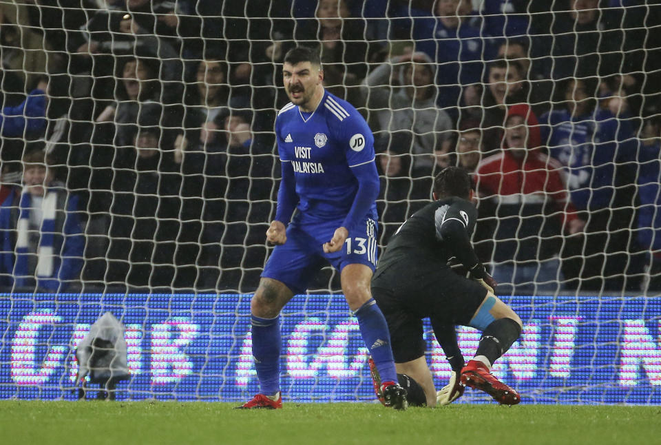 Cardiff City's Callum Paterson celebrates scoring his side's first goal of the game, during the English Premier League soccer match between Cardiff City and Southampton at the Cardiff City Stadium, in Cardiff, Wales, Saturday, Dec. 8, 2018. (Mark Kerton/PA via AP)