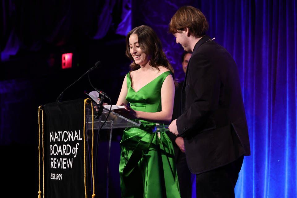 Alana Haim and Cooper Hoffman accept the award for Best Breakthrough Performance at the National Board of Review gala at Cipriani 42nd Street in New York City on March 15, 2022. - Credit: Getty Images for National Board