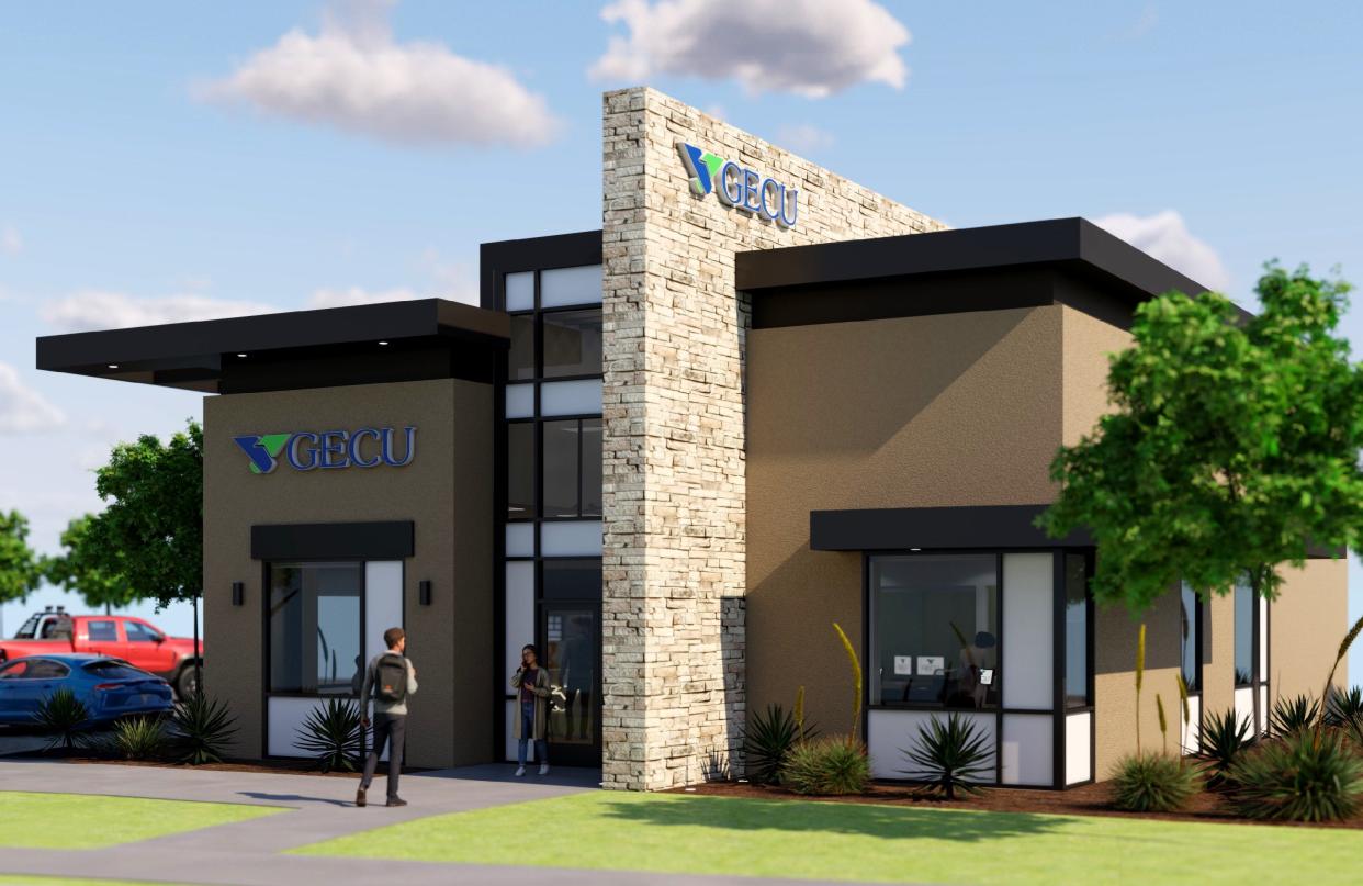 Rendering of what GECU's new branch in Las Cruces will look like. This is GECU's first branch outside El Paso. It's expected to open in early 2025 at 3275 Rinconda Blvd., near a Walmart Supercenter.