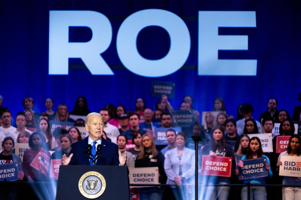 President Joe Biden speaks at a reproductive freedom campaign rally at George Mason University in Manassas, Virginia, on Tuesday, Jan. 23, 2024.  / Credit: Bloomberg