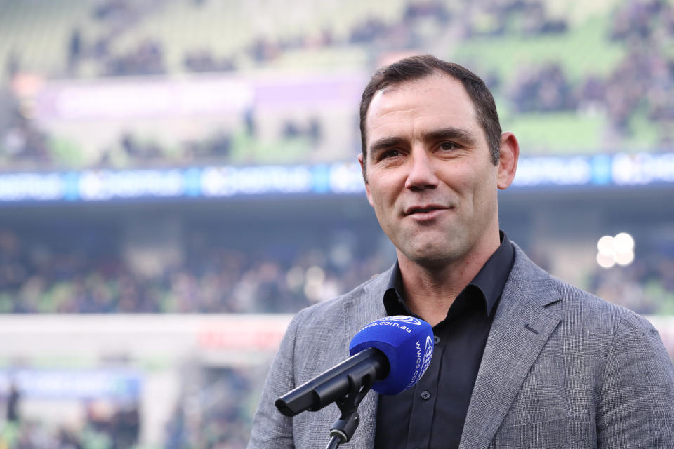 Melbourne Storm legend Cameron Smith (pictured) speaking at the stadium.