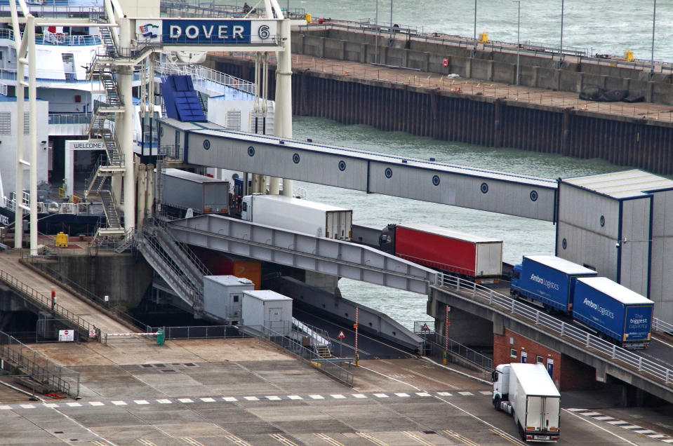 DOVER, UNITED KINGDOM - 2020/09/03: Lorries begin to board the DFDS Ferry at Dover. Very little sign of anything other than lorry freight at Dover terminal. No foot passengers or cars appear to be embarking or disembarking with the recent need to self-isolate when travelling home from France seemingly hitting Dover hard. The UK's major cross channel ferry port has been hit twice this year. Firstly, the continued uncertainty over how Brexit will affect the European trading and now the Covid-19 quarantine restrictions that were put in place a fortnight ago. (Photo by Keith Mayhew/SOPA Images/LightRocket via Getty Images)