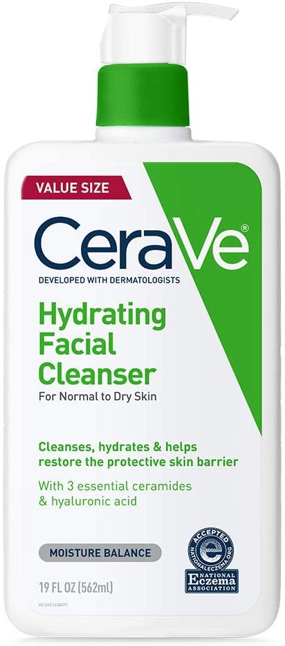 A white bottle with green, black and red lettering of CeraVe Hydrating Facial Cleanser, $54.95 for 562ml