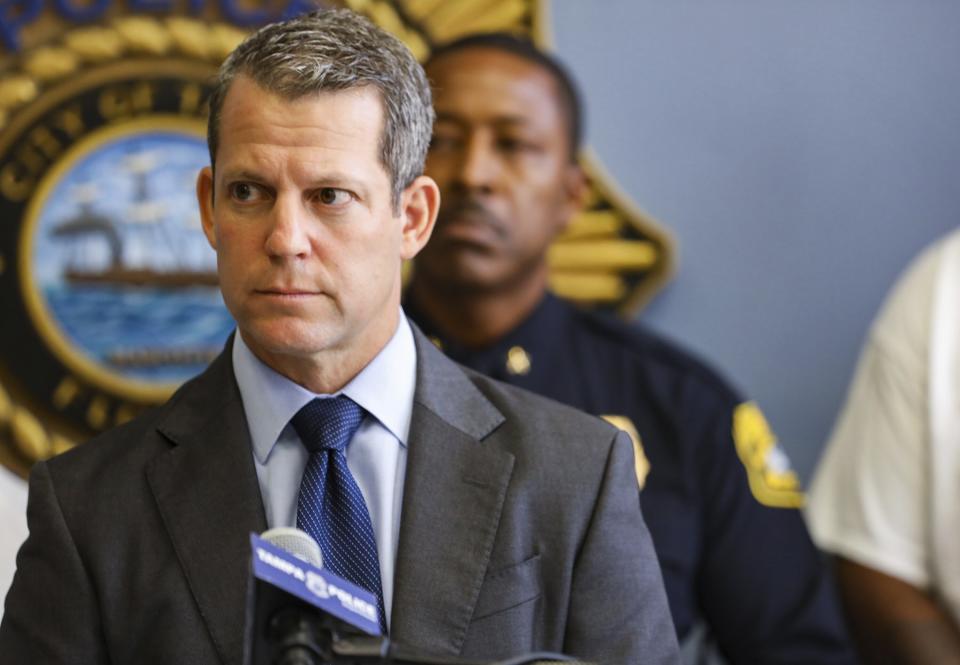 Hillsborough State Attorney Andrew Warren speaks during a press conference at the Tampa Police Department on July 8, 2022 in Tampa. Florida Gov. Ron DeSantis on Thursday, Aug. 4, 2022 suspended the elected state prosecutor in Tampa for pledging not to enforce the state's new 15-week abortion ban and for supporting gender transition treatments for minors. The Republican governor announced the suspension of Hillsborough County State Attorney Andrew Warren at a news conference in the county's sheriff's office, where DeSantis and law enforcement officers criticized Warren for not prosecuting certain crimes. (Lauren Witte/Tampa Bay Times via AP)