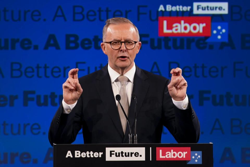 <span class="caption">Anthony Albanese at the Labor Party’s campaign launch on Sunday, May 1 2022.</span> <span class="attribution"><span class="source">Lukas Coch/AAP</span></span>