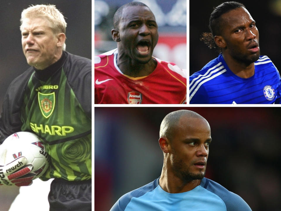 (Clockwise, from left-to-right) Peter Schmeichel, Patrick Vieira, Didier Drogba and Vincent Kompany