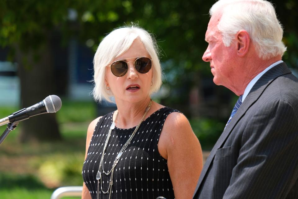 Cathy O'Connor, general manager for the Oklahoma Industries Authority, looks at Roy Williams, president and CEO of the Greater Oklahoma City Chamber, in 2021.